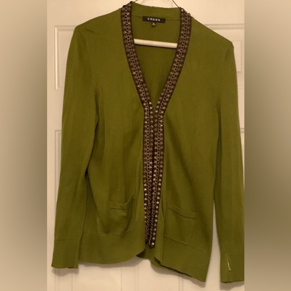 Chaus Open Cardigan Sweater XL Green Meta Embellished l Border Career Glam